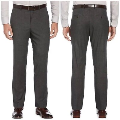Perry Ellis Portfolio New Men's Charcoal Slim-Fit Windowpane Plaid Pants 34x34