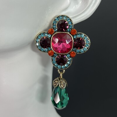 Clover Dangle Earrings Pierced Rhinestone French Designer Style Moroccan Boho