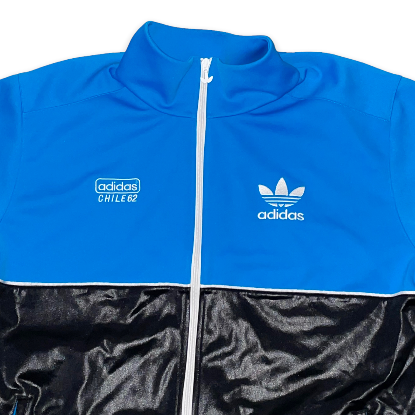 Super Rare Vintage Adidas Chile Jacket Faux Leather Glanz Shiny Blue Black  XL: купить с доставкой из США, цена 14 741 руб - (334390233352)