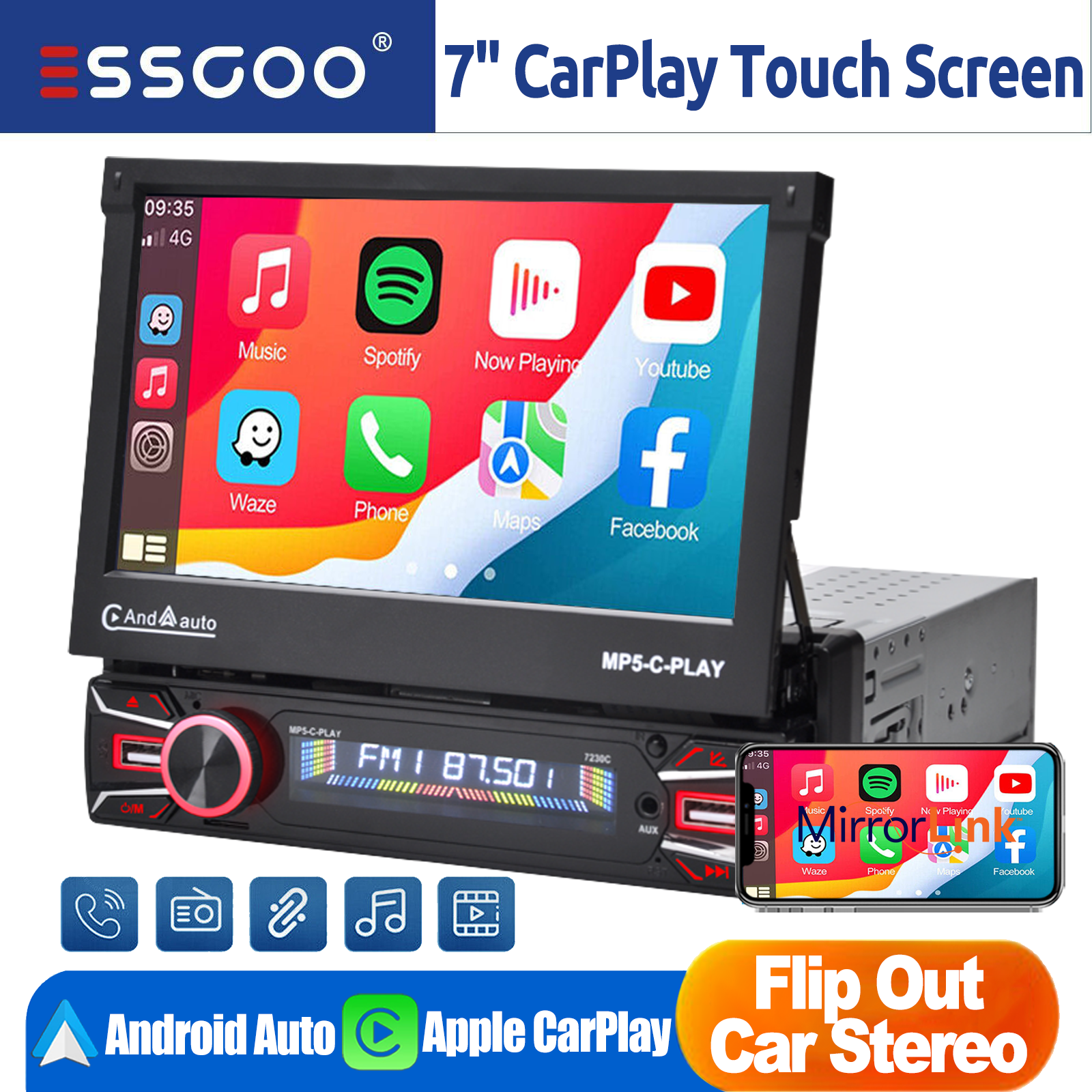 Stereo Apple Carplay Android Auto Touch Screen Single 1din