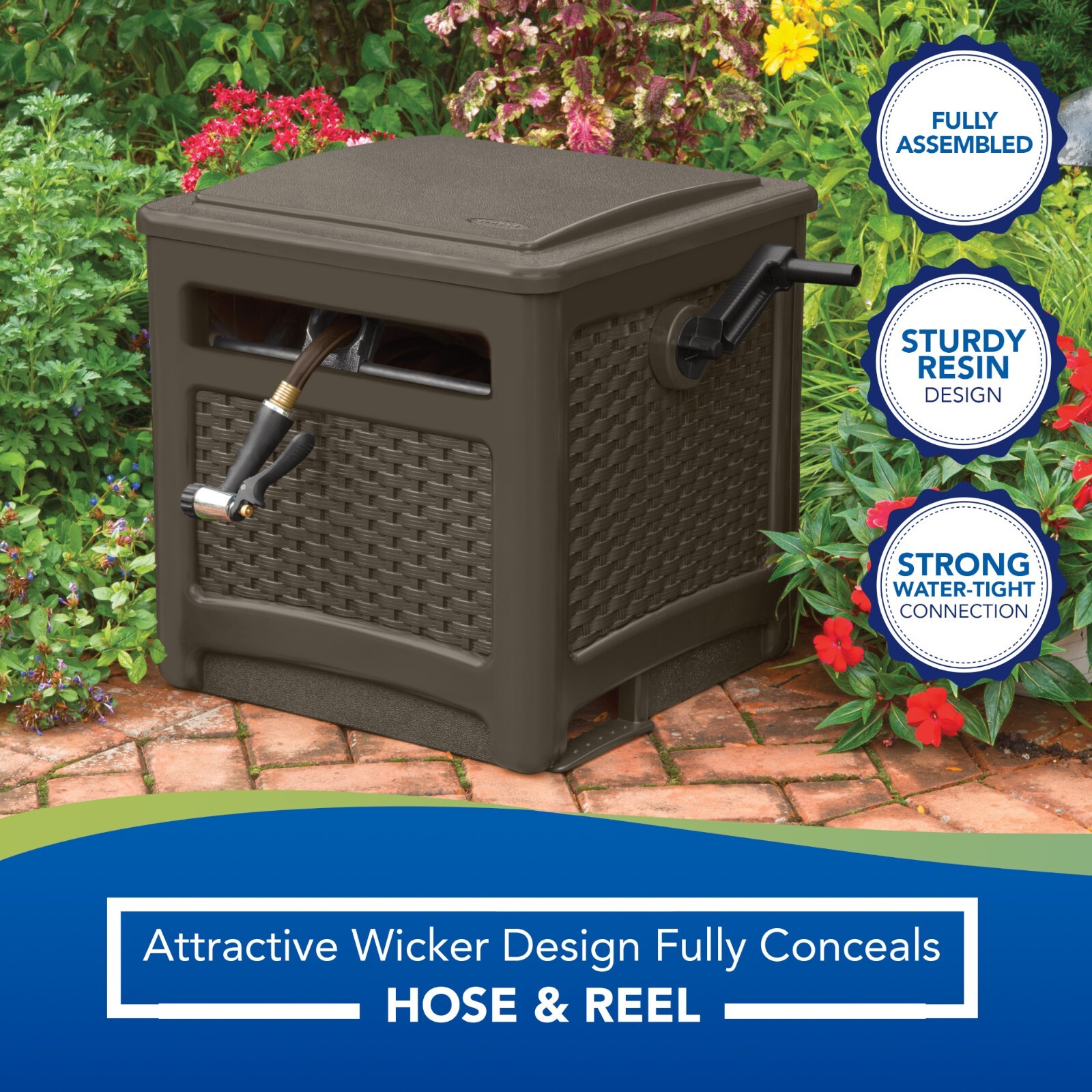 New - 225 ft. Smart Trak Wicker Garden Hose Reel Guide and Hideaway, Java Brown