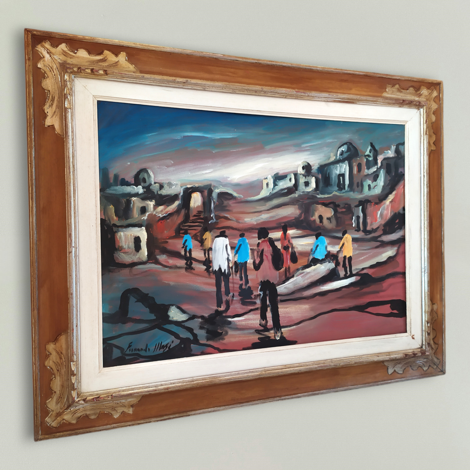 Original Italian Modern Surrealist Oil Painting Landscape with Figures signed