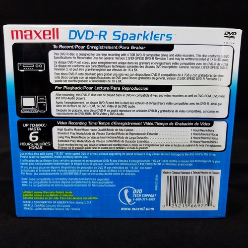 Maxell DVD-R Sparklers 5 Pack Assorted Multi Colored 4.7GB w/ Jewel Cases NEW
