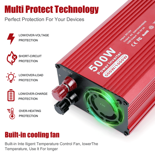 Car Vehicle Power Inverter 1000W Peak DC 12V to AC 110V 120V Converter 2 AC USB