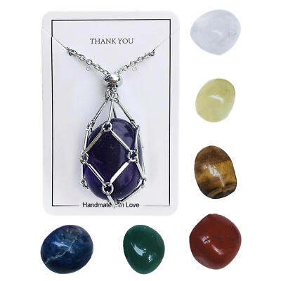 7 Pcs Natural Jewelry Crystal Stone Pendant Necklace Net Holder Braided Gift