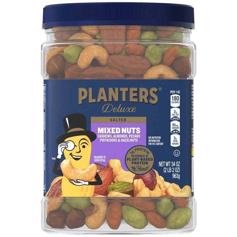 Deluxe Salted Mixed Nuts, Party Snacks, Plant Based 5G Protein, 34 Oz