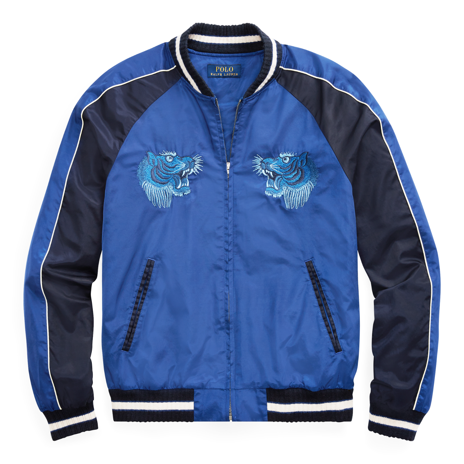 Pre-owned Polo Ralph Lauren $495  Chairman Varsity Tiger Satin Souvenir Bomber Jacket In Blue