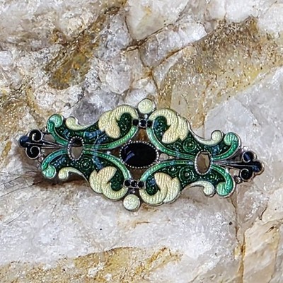 Broche Style Art Déco Cuivre Argenté Émaillé Ton Vert 50x13mm Vintage Pierre Bex