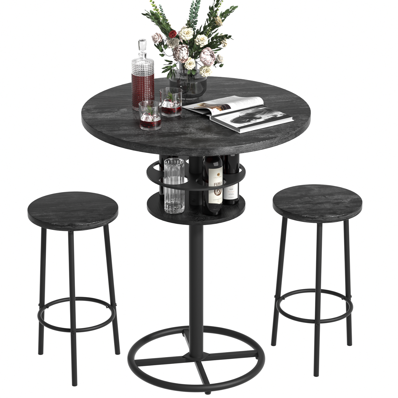 Round Bar Table Counter Height Dining Kitchen Pub Table with Wine Bottle Rack