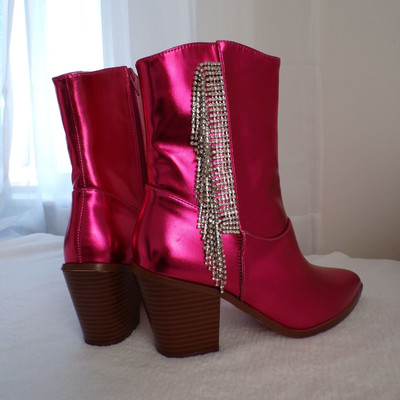 Chase+Chloe Flashy Rhinestone Tassel Metallic Pink Western Cowgirl Boot, Justine