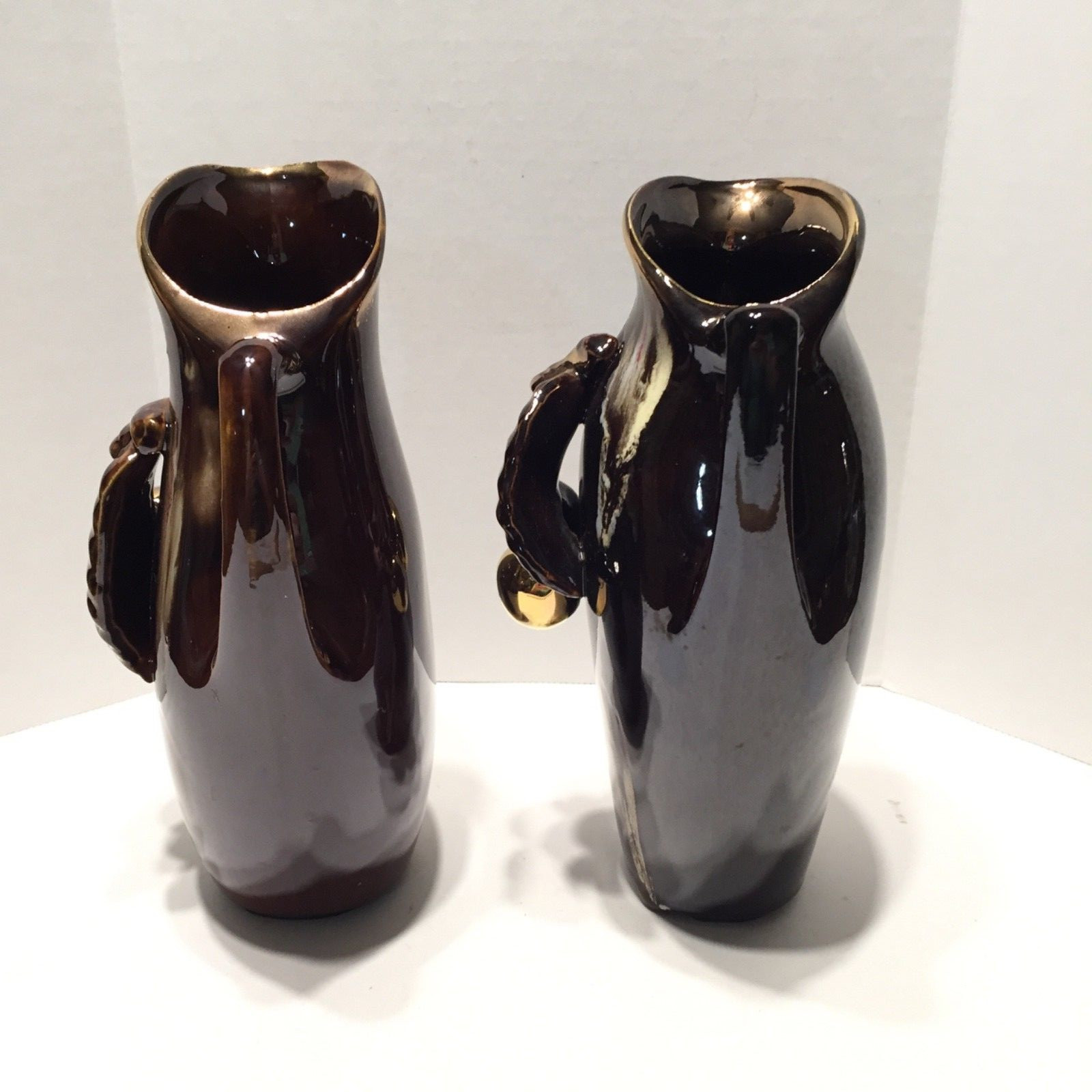 Vintage Pair Luster Brown & Gold Ceramic Pitcher Vases by Golden Bronze Pottery