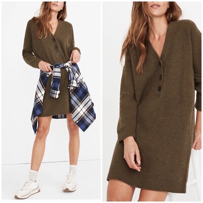 NWT $118 MADEWELL Size M Henley Sweater Dress Heather Elm Merino Wool Blend