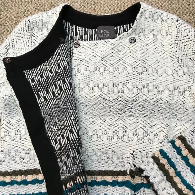 Pre-owned Sage Leo &  Womens Striped Trimmed Sweater Jacket Off White Size Large L Sa0075