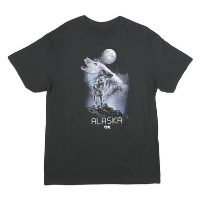 Mens Black Wolf Moon Graphic T-Shirt M Short Sleeve Crew Neck Alaska Wildlife