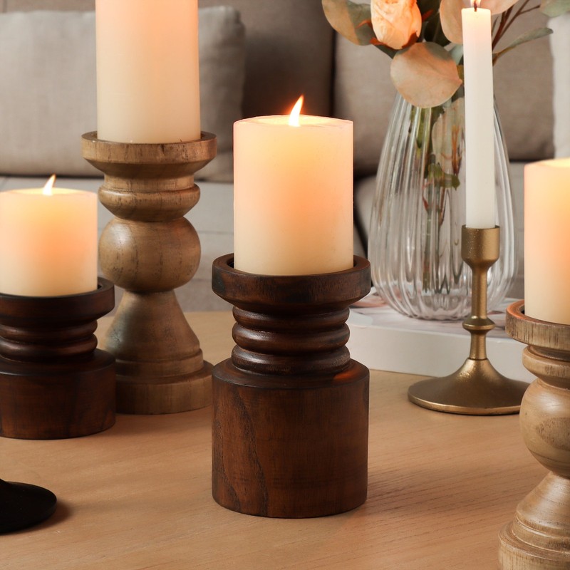 Decorative Wood Pillar Candleholder, Dark Brown, 6
