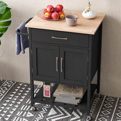 Rolling Kitchen Island Cart with Drawer 2-Door Storage Cabinet Bottom Tray