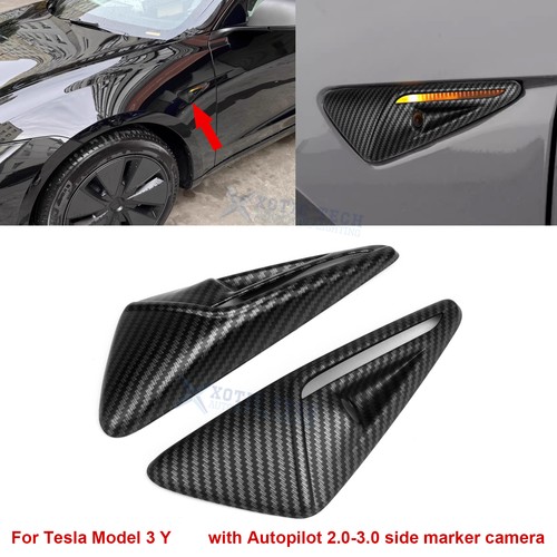 Side Camera Turn Signal Full Covers For Tesla Model 3 Y Matte Carbon Fiber Style