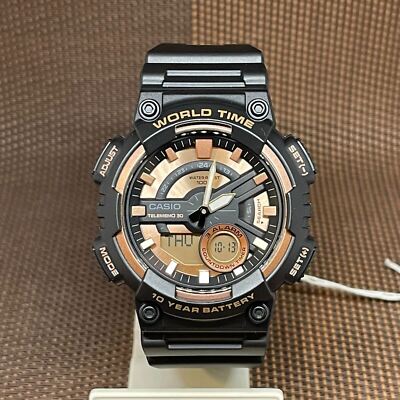 Casio AEQ-110W-1A3 Black Rose Gold Analog Digital Telememo Men's Sport Watch