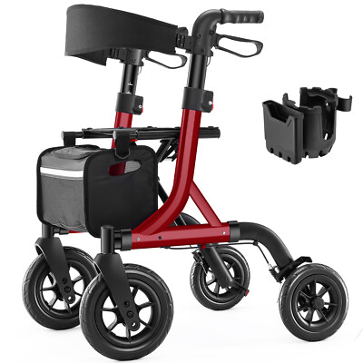 Rollator Walker for Seniors 10'' Rubber Wheels Seat Padded Backrest Adjustable US