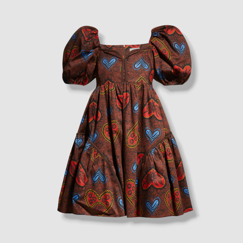Pre-owned Autumn Adeigbo $1095  Women's Brown Leilani Heart Puffed Sleeve Mini Dress Size 4