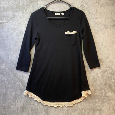 LOGO Lori Goldstein Black Waffle Knit Lace Trim Tunic Top XS 3/4 Sleeve Pocket