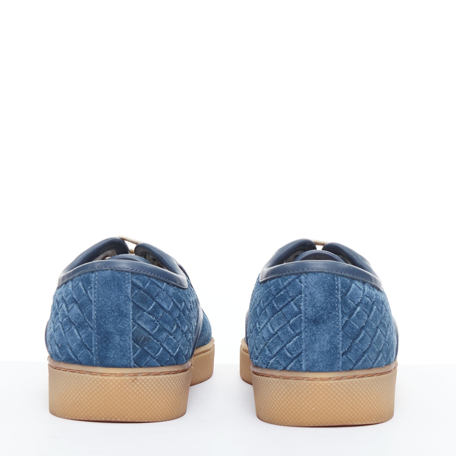 BOTTEGA VENETA blue suede intrecciato woven lace up sneakers