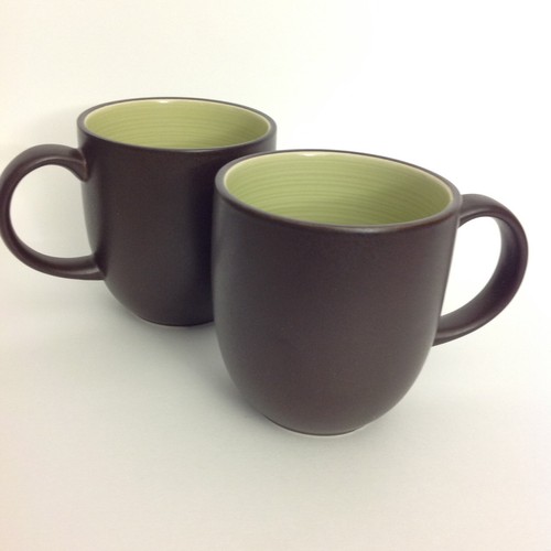 Lot Of 2 Dansk Spin Coffee Mugs Green Inside Brown Outside 16 Oz New Condition
