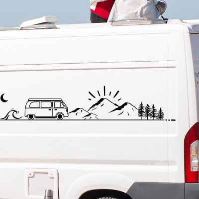 Van Aufkleber Berge Road Trip Wald Sonne Mond Wellen Wohnmobil Auto 130x30 cm