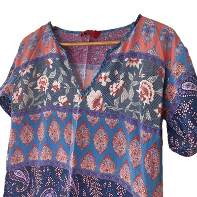 Tigerlily 100% Silk Boho Top Short Sleeve Tshirt Blouse Sz 4 Blue Purple Relaxed