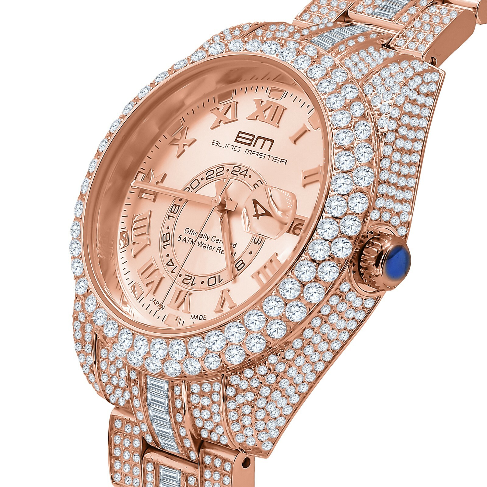 Pre-owned Bling Master - Knight Men's Rose Gold Tone Finish Stainless Steel Simulated Diamond Watch 42mm W/date