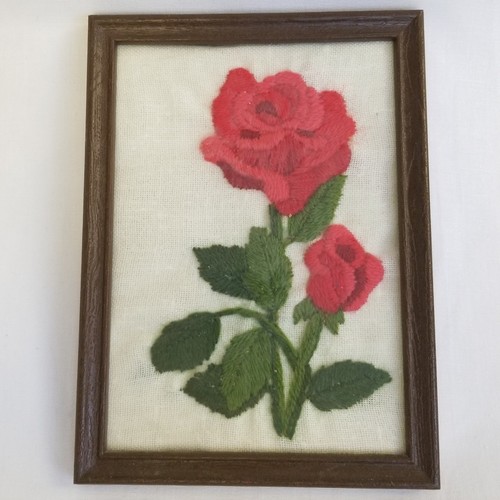 Vintage Needlepoint Roses in Wooden Frames