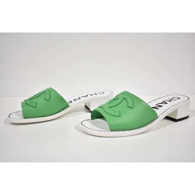 Pre-owned Chanel 22s Green Calfskin Leather White Cc Logo Mules Slide Sandal Heel Flat 37