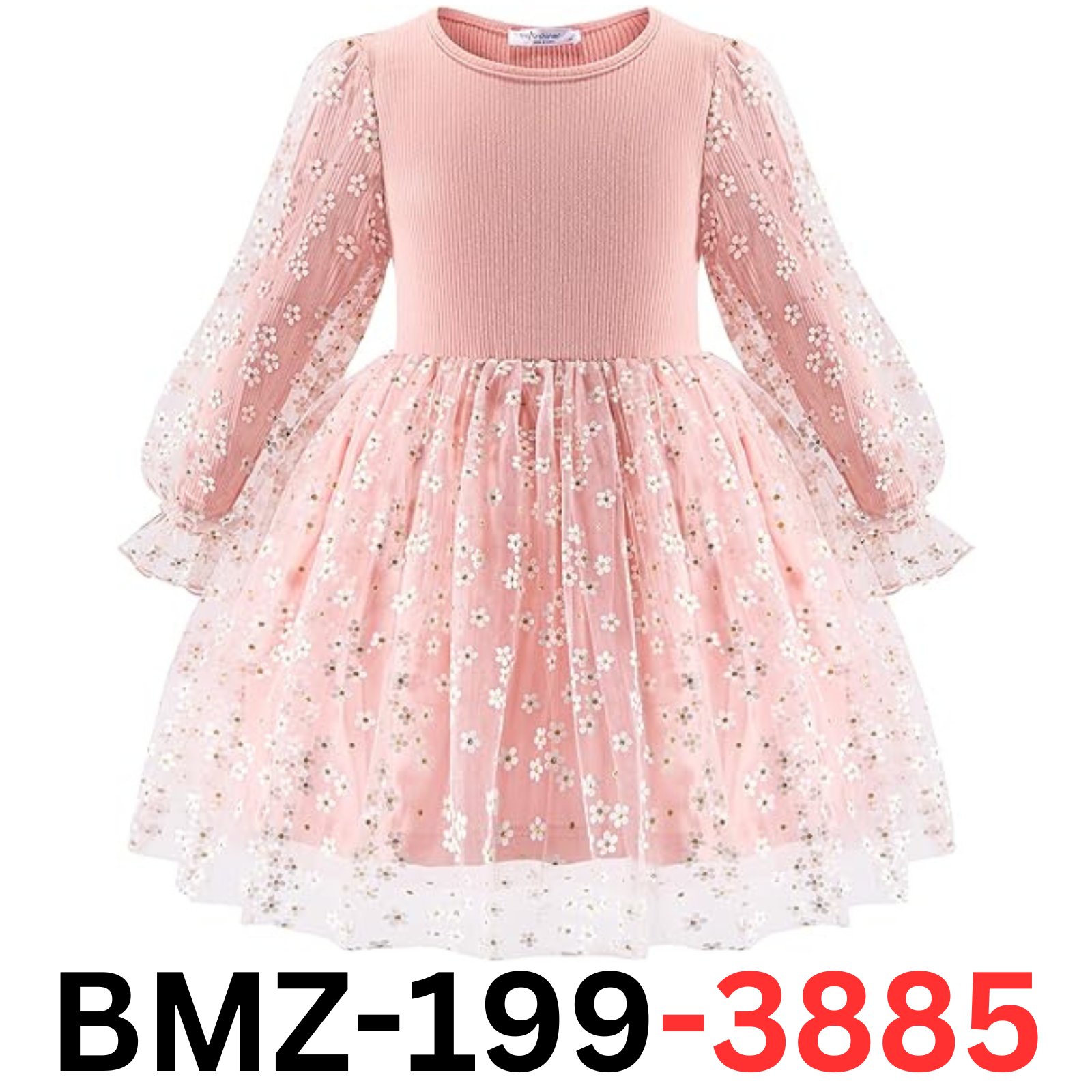Arshiner Girls Toddler Glitter Daisy Tulle Puff Long Sleeves Pink Dress, 4T