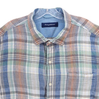 TOMMY BAHAMA 100% Linen Plaid Long Sleeve Shirt EUC Size XXL