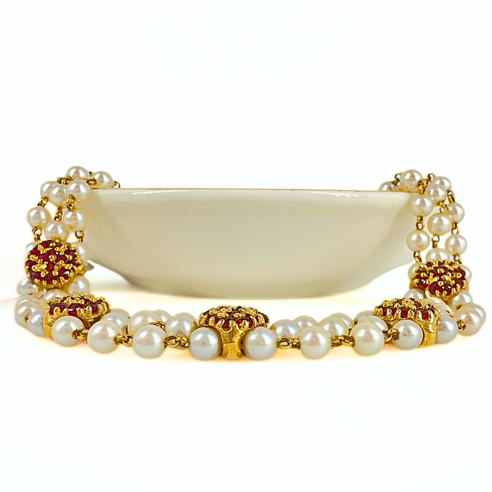 14k Gold Vintage Akoya Pearl 3-Row Bracelet & Garnet Slide Bracelet Charms - Picture 7 of 10