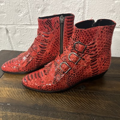 MODERN VICE Jett Classic Red Python Leather Ankle Bootie 3 Buckle $398 EU 37