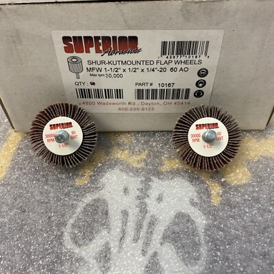 LOT OF 2 Superior 10167 Flap Wheel Mandrel 1-1/2'' x 1/2'' x 1/4''-20  P60 AO