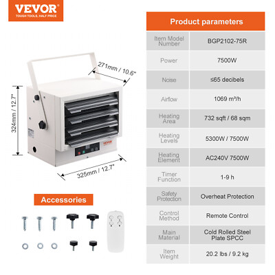 VEVOR Electric Garage Heater, 7500-Watt Digital with Remote Ceiling/Wall Mount