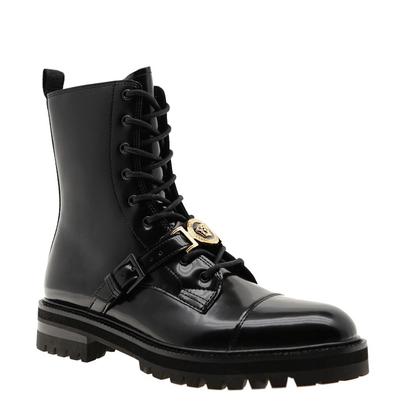 ブーツその他 Versace Medusa Chain Booties $1300 VERSACE BLACK PATENT LEATHER GOLD MEDUSA MEDALLION ZIP