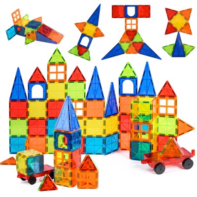 Nutty Toys Magnetic Tiles & Car Set, STEM Educational Magnet Building Blocks Top