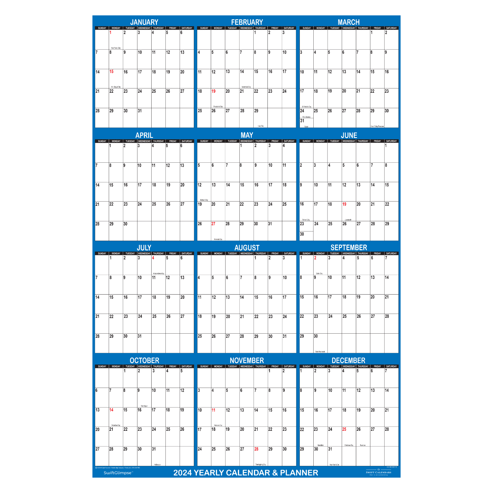 24" x 36" SwiftGlimpse 2024 Wall Calendar Erasable Yearly Wall Planner - NAVY