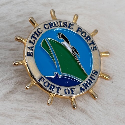 Baltic Cruise Port of Aarhus Denmark Souvenir Enamel Ships Wheel Lapel Pin