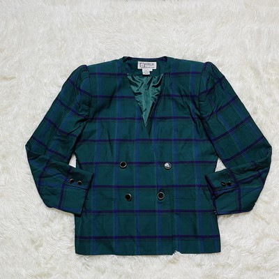 Vintage Blazer Women Size 12 Green Blue Plaid Double Breasted Suit Jacket