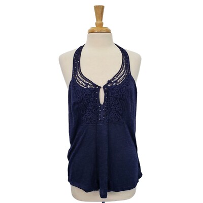 Venus Womens Navy Blue Halter Top Plus Size 1X Sequin Embroidered Flax Blend NWT