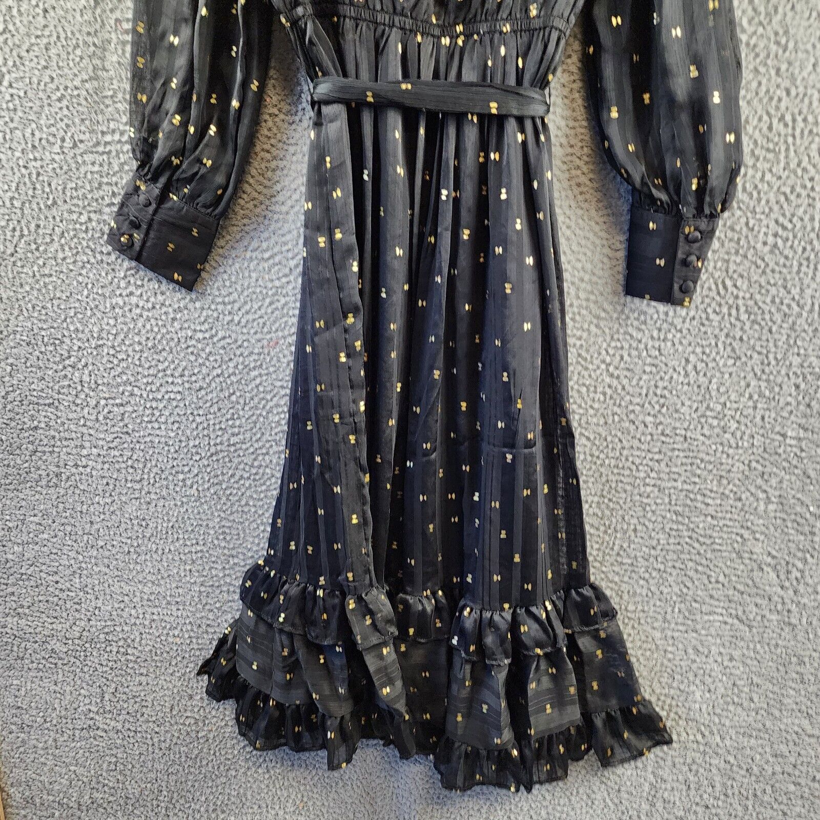 AQUA Ruffle Trim Clip Dot Midi Wrap Dress Women's XS Black/Gold Long Sleeve - Picture 14 of 14