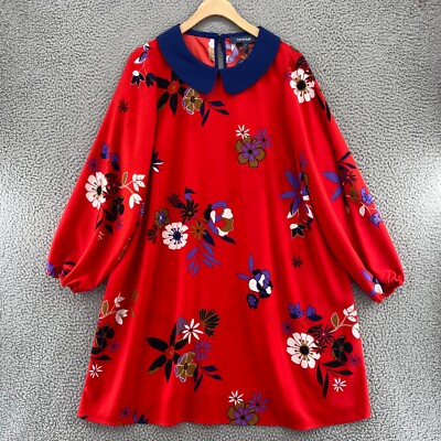 Mod Cloth Dress Women 1X Plus Red Navy Floral Peter Pan Collar Shift 3/4 Sleeve*