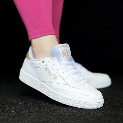 Reebok Club C 85 Women's Tennis Sneaker White Gold Training Shoe #727