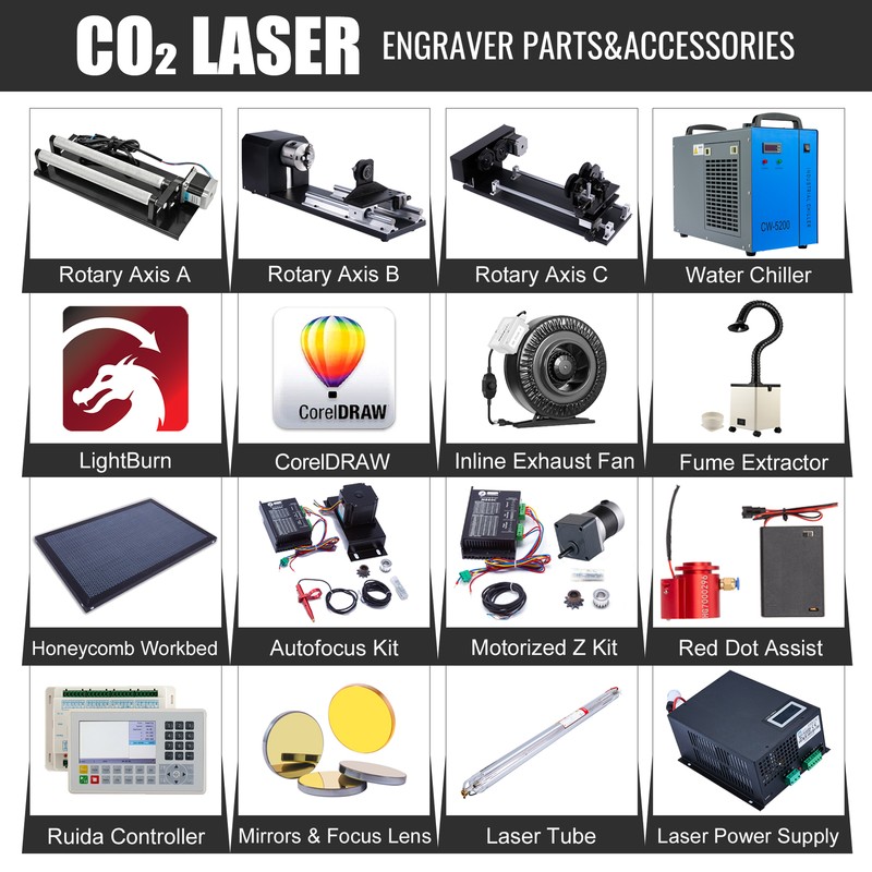 CO2 Laser Engraver Accessories - Water Chiller Rotary Axis Fume Extractor Ruida