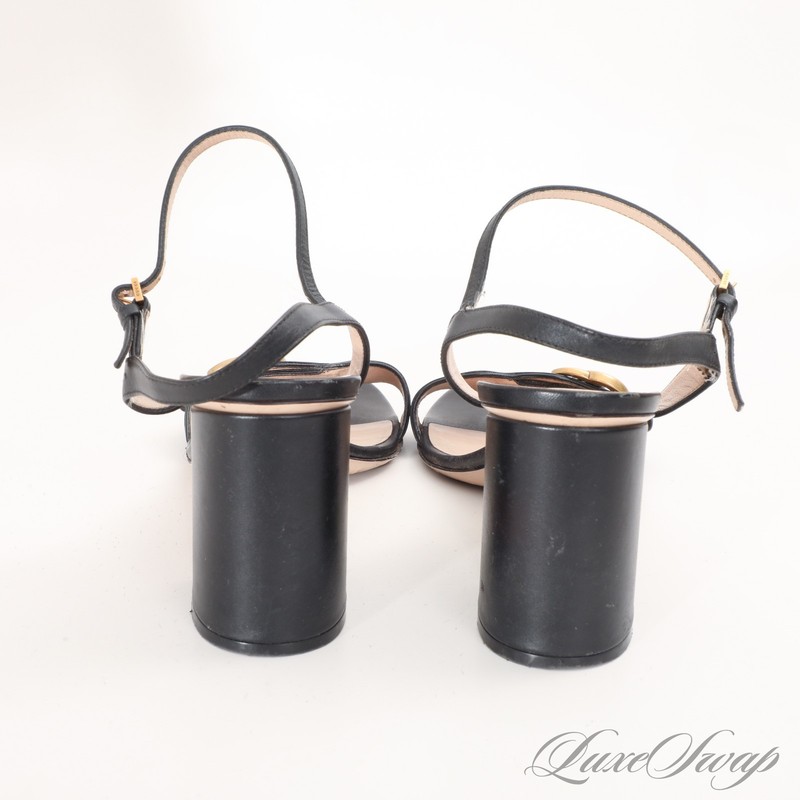 m*p様 GUCCI GGモーマント 厚底 プラットフォーム パンプス ハイヒー Gucci Made Italy Black Leather Scalloped Strap Marmont GG Chunky