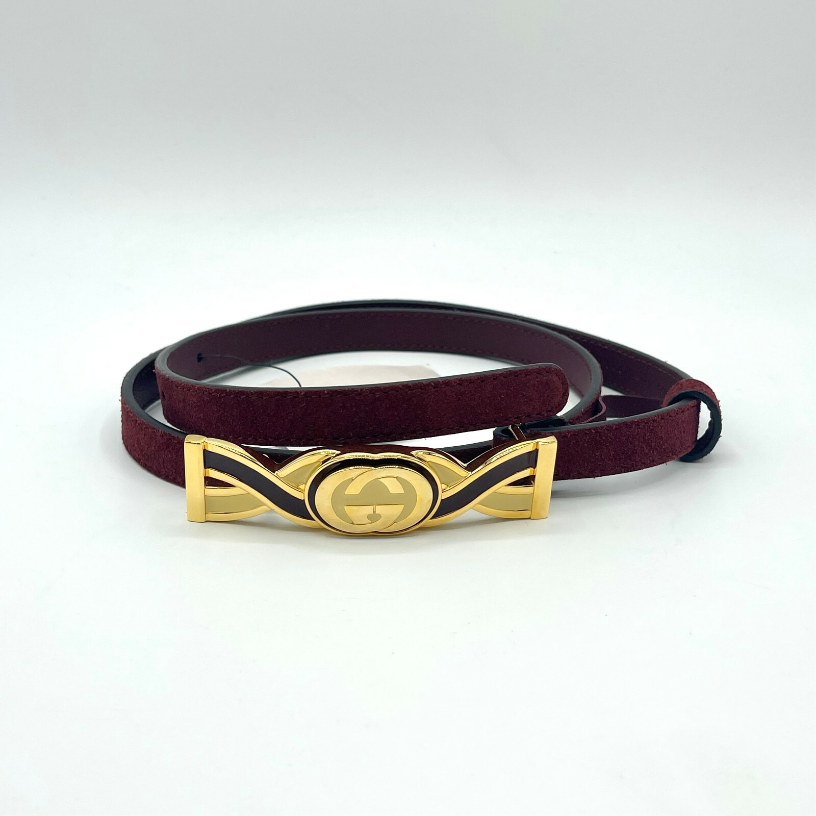 Gucci Burgundy Suede Gold Metal Interlocking G Buckle Skinny